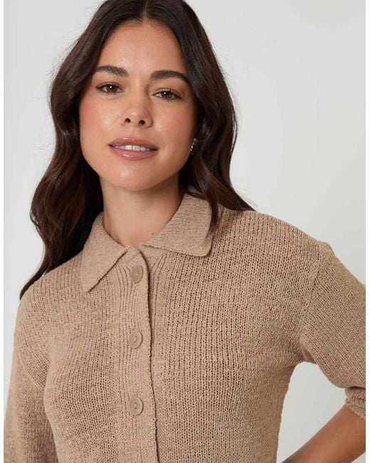 Threadbare Brown Knitted Yarn Button Up Polo Shirt