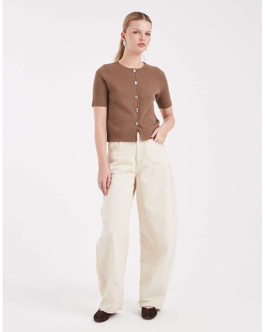 Threadbare Natural Short Sleeve Compact Knit Cardigan With Contrast Buttons