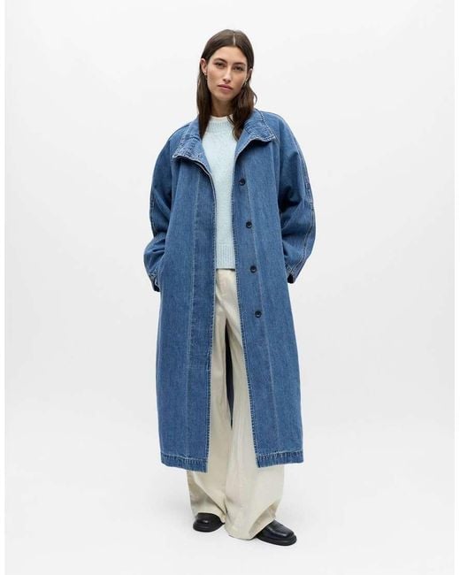 Object Blue Funnel Neck Trench Coat