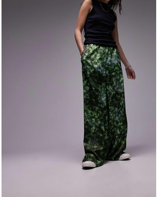 TOPSHOP Green Satin Print Wide Leg Pull On Pants