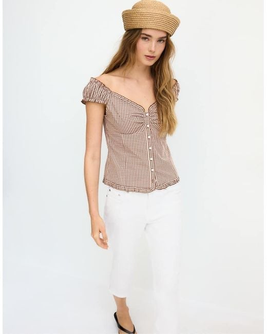Stradivarius Brown Heart Neckline Top With Buttons