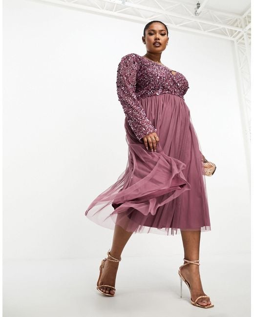 Plus vestito midi a maniche lunghe decorato color malva da