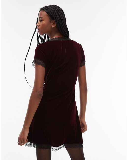 TOPSHOP Velvet Tea Dress Mini With Lace Edge Trim in Red | Lyst