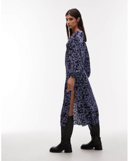 & Other Stories Blue Midi Dress With Side Splits And Volume Sleeves