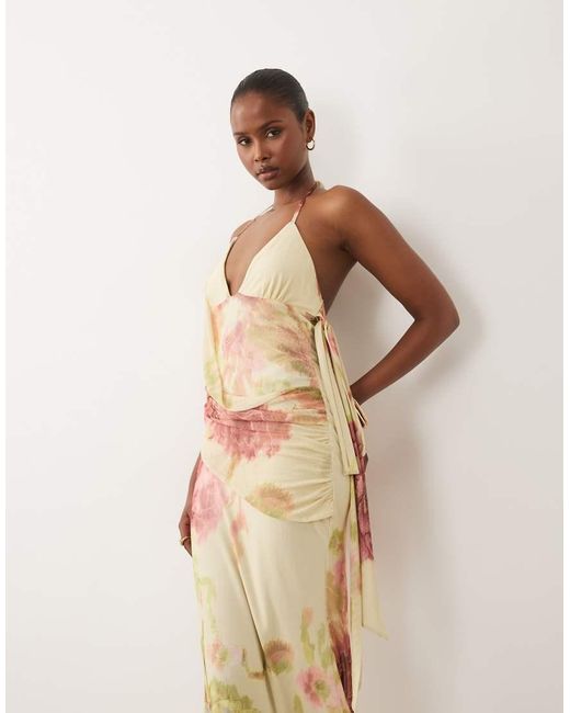 ASOS Natural Draped Sash Floral Mesh Maxi Dress With Tie Side Fallen Bow Strap