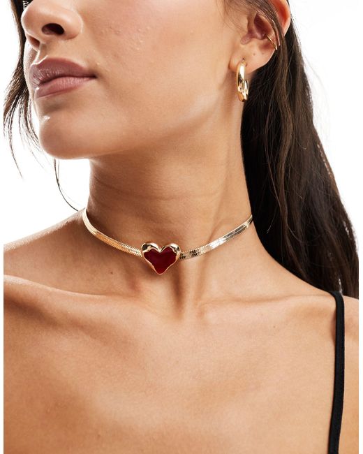 ASOS Brown Choker Necklace With Red Heart And Snake Chain Design