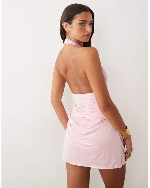 Oh Polly Pink Embellished Halter Neck Drape Skirt Mini Dress