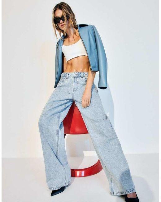 Stradivarius Blue Low-Rise Wide-Leg Jeans With Rhinestones