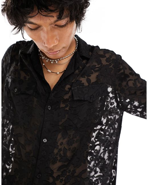 ASOS Black Relaxed Revere Sheer Jacquard Western Shirt for men