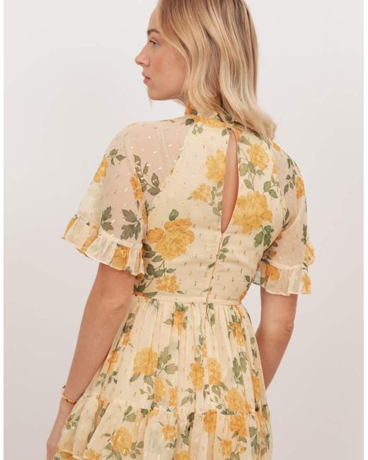 ANAYA Natural Floral Print Short Sleeve Tiered Midaxi Dress