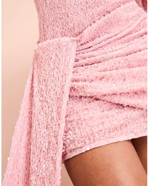 ASOS Pink One Shoulder Asymmetric Puff Sleeve Draped Mini Dress