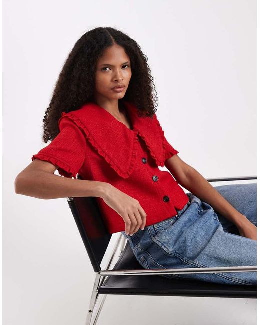 River Island Blue Oversized Collar Detailing Bouclé Top