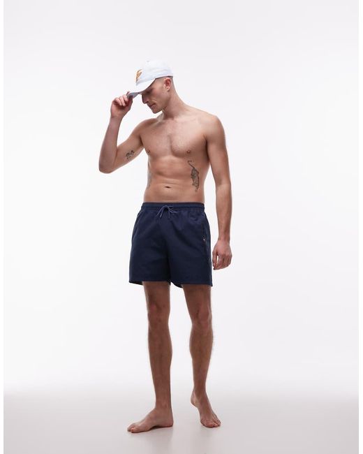 Tommy Hilfiger Blue Textured Drawstring Zip Swim Shorts for men