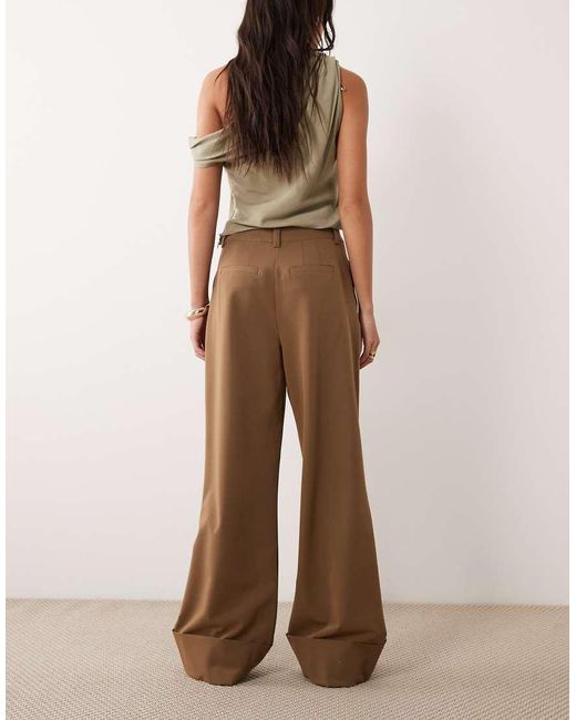 ASOS Natural Tailored Wide Leg Pants With Turn Up Hem