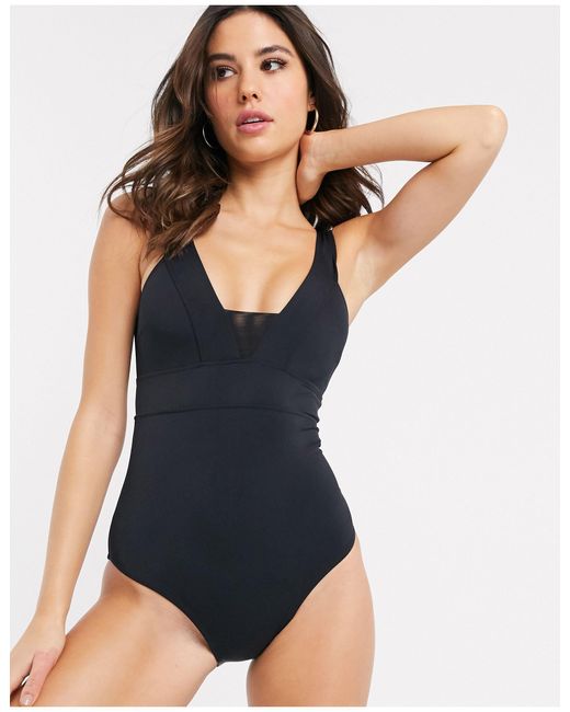 Accessorize Synthetic Plunge Front With Mesh Insert Swimsuit in Black - Lyst