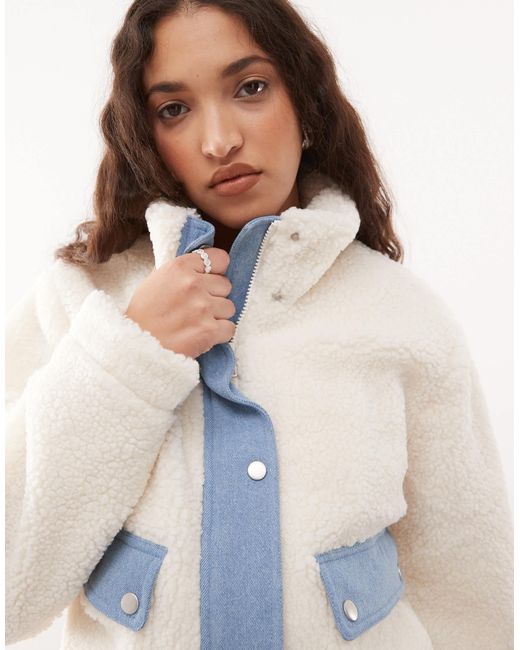 Noisy May Blue Sherpa Bomber Jacket With Denim Insert