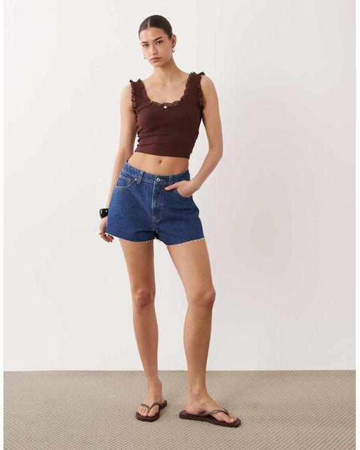 Miss Selfridge Blue Ribbed Vest Top With Lace Detail