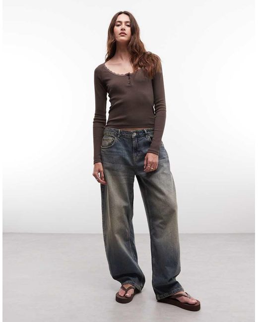Noisy May Brown Long Sleeve Henley T-shirt With Lace Neckline