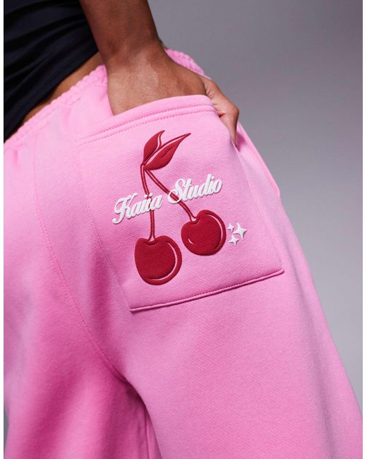 Kaiia Pink Cotton Rich Studio Cherry Print Pocket Detail Wide Leg jogger Co-ord