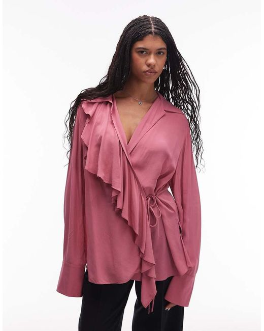 & Other Stories Red Semi Sheer Boho Blouse With Asymmetric Ruffle