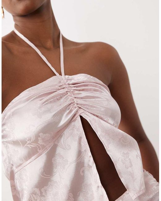 The Frolic White Exclusive Satin Jacquard Halterneck Split Front Ruched Detail Top Co-ord