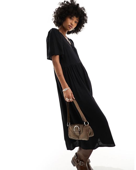 Monki Black Short Sleeve Button Through Midi Dress