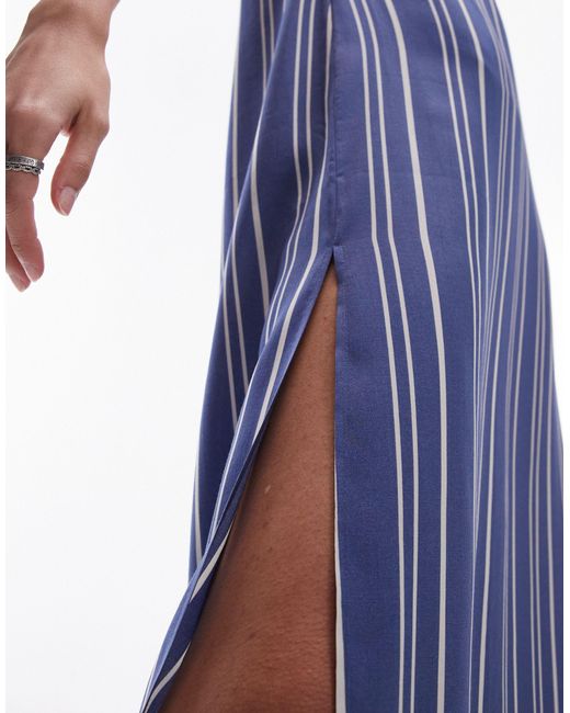 TOPSHOP Blue – ärmelloses, gerade geschnittenes maxikleid mit em streifenmuster und hohem schlitz