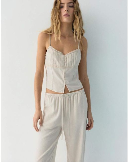 Pull&Bear White Flowing Viscose Linen Blend Trousers