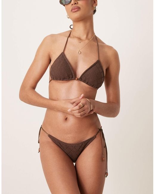 Stradivarius Natural – seitlich gebundene bikinihose mit häkel-design