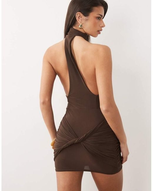 Missy Empire Brown Double Sculpted Slinky High Neck Twist Front Mini Dress