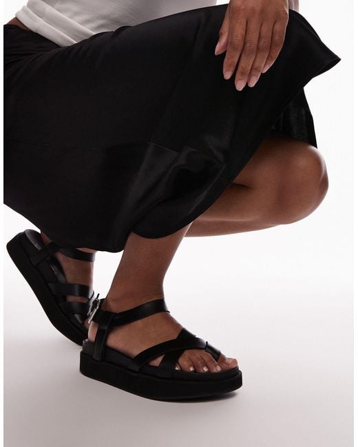 TOPSHOP Black Jaya Premium Leather Toe Loop Strappy Sandals