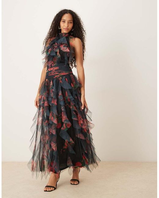 LACE & BEADS Multicolor Backless Ruffle Maxi Dress