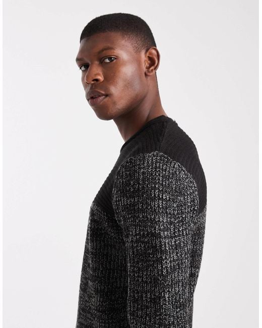 Brave Soul Black Crew Neck Knit Sweater With Contrast Panel for men