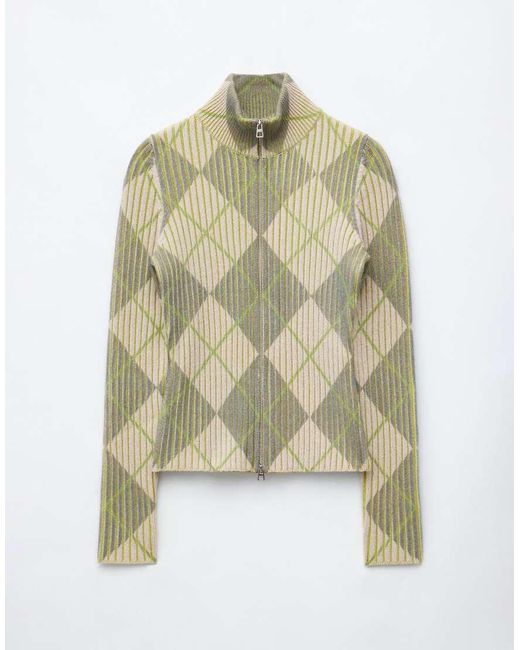 & Other Stories White Ribbed Zip Through Funnel Neck Cardigan With Argyle Design