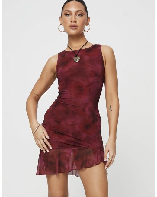 Princess Polly Red Molita Mesh Sleeveless Asymmetric Ruffle Hem Mini Dress