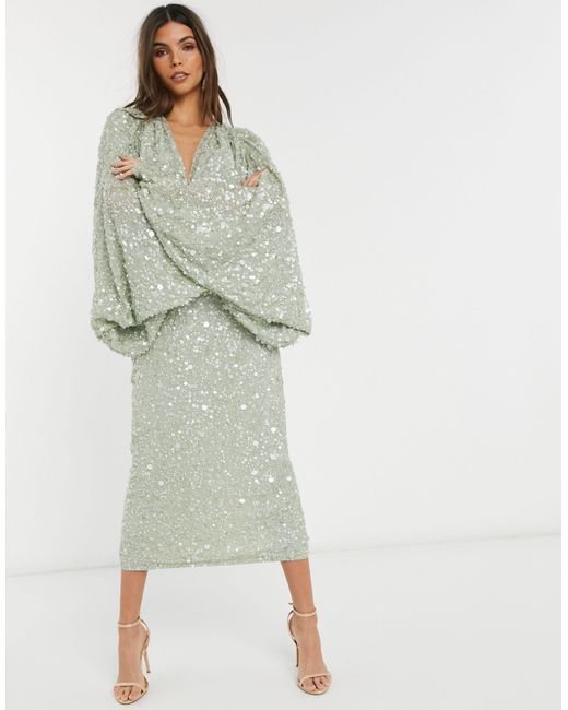 asos green kimono dress Sleeve Drape Back Sequin Midi in YCRF_M_Intimates_Let