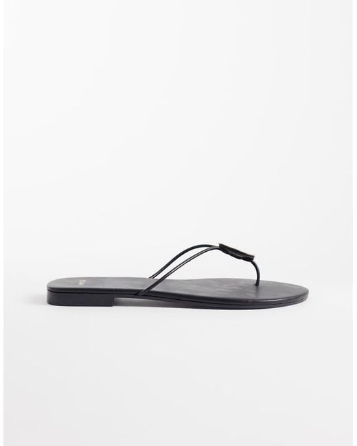 Mango Blue 100% Leather Flat Sandals With Pearl Detail
