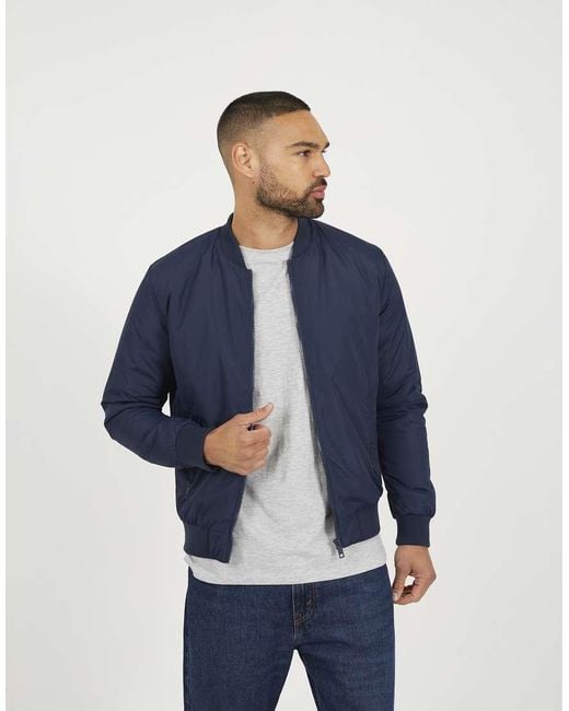 Brave Soul Blue Collarless Bomber Zip-Up Jacket for men