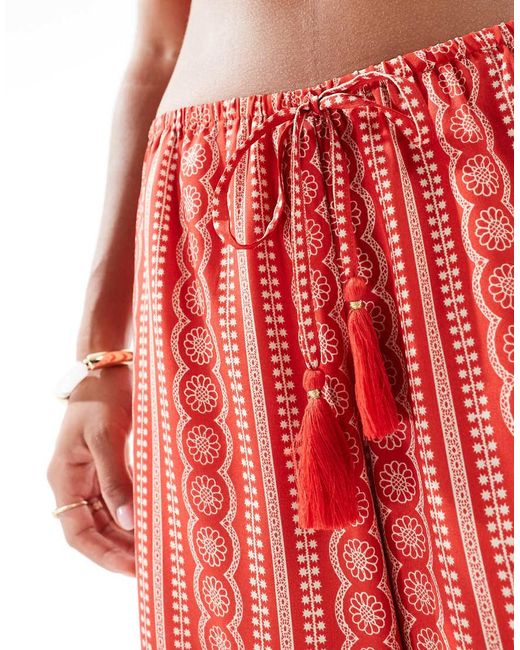 Wednesday's Girl Red Tile Print Wide Leg Beach Trousers