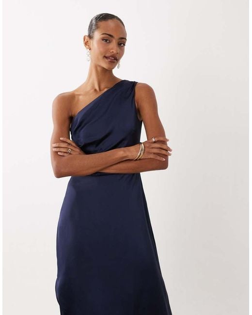 TFNC London Blue Bridesmaid Satin One Shoulder Wrap Skirt Maxi Dress