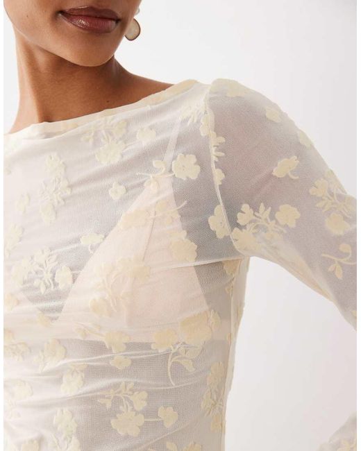 ASOS White Flocked Mesh Floral Fluted Sleeve Top