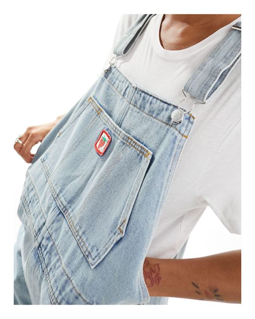 Monki Blue Denim Dungarees With Strawberry Embriodery