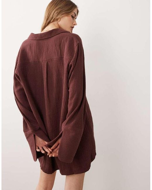 ASOS Brown Double Cloth Mini Shirt Dress With Wide Cuffs And Oversized Pockets