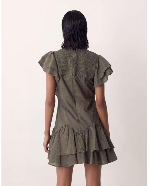 ASOS Natural High Neck Ruffle Mini Dress With Shirring