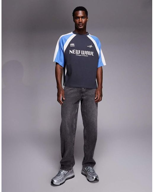ASOS Blue Boxy Oversized T-shirt With Cut And Sew Paneling And Sports Graphic for men