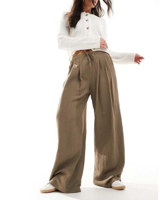 Stradivarius Natural Wide Leg Crinkle Tie Waist Trouser