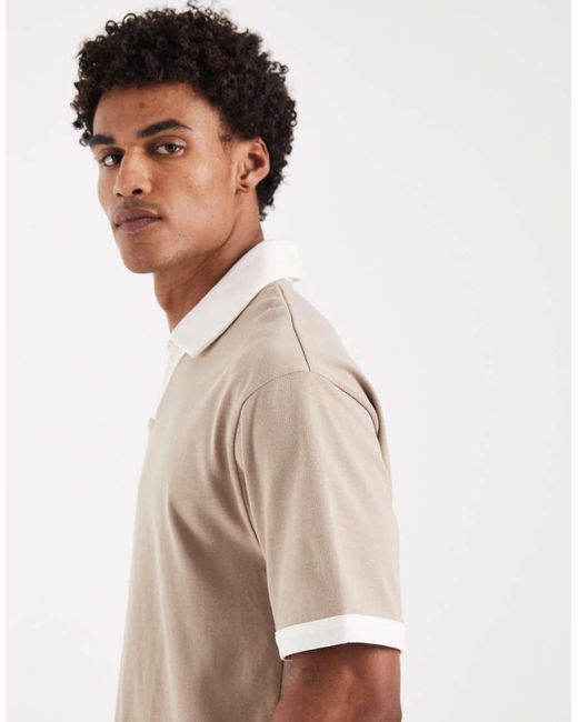 ASOS Natural Heavyweight Relaxed Notch Polo With Contrast Collar for men