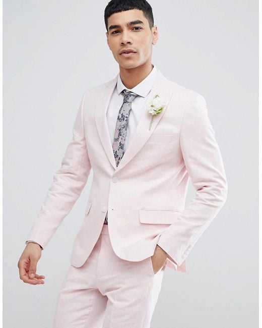 Chaqueta de traje ajustada de boda en rosa claro de lino Moss Bros de hombre de color Pink