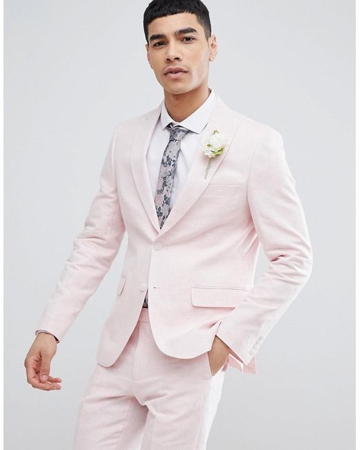 Moss Bros Moss London Wedding Skinny Suit Jacket In Light Pink Linen for men