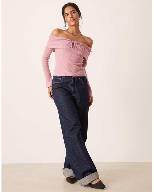 ASOS Pink Supersoft Brushed Rib Hardware Detail Off Shoulder Jumper